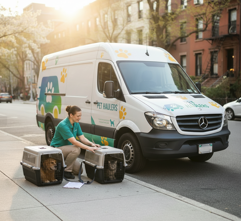 USDA licensed pet transporter with secure climate-controlled vehicle for safe interstate pet shipping