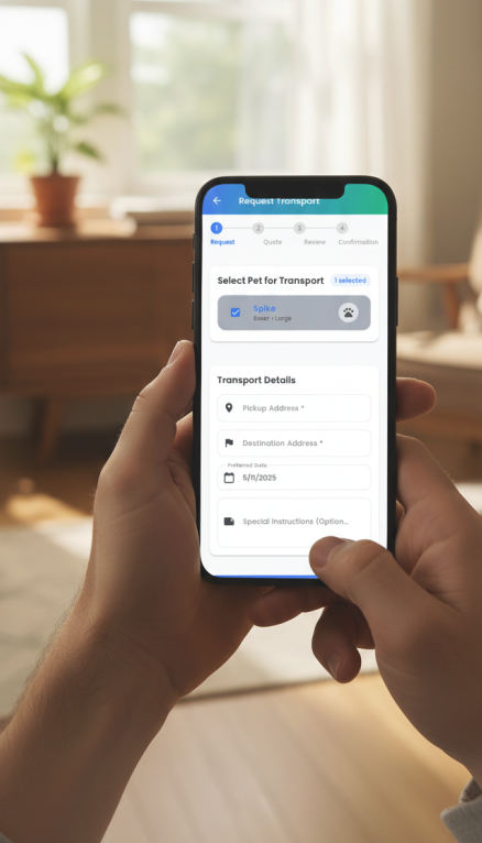 Online pet transportation booking form with instant quote calculator for continental US